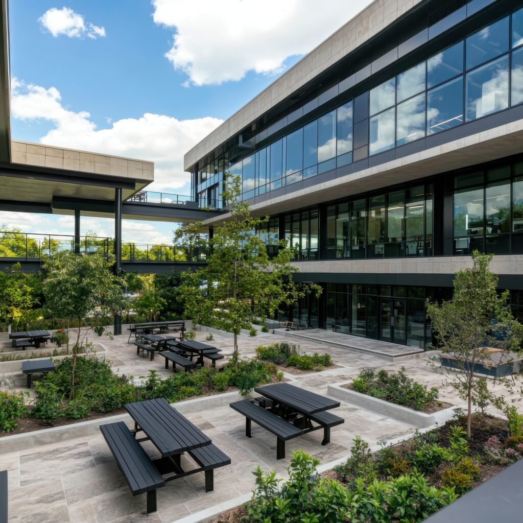 Modern building in Accra, Ghana with an open courtyard and green space promoting well-being through sustainable architectural design