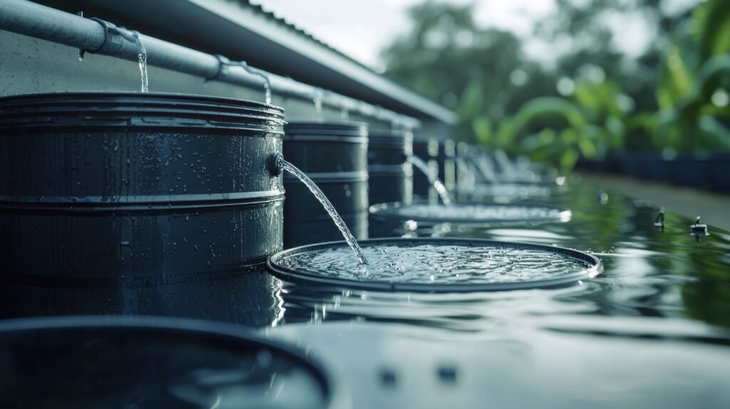 Rainwater harvesting system capturing water from rooftops, showcasing eco-conscious water conservation in West African architecture